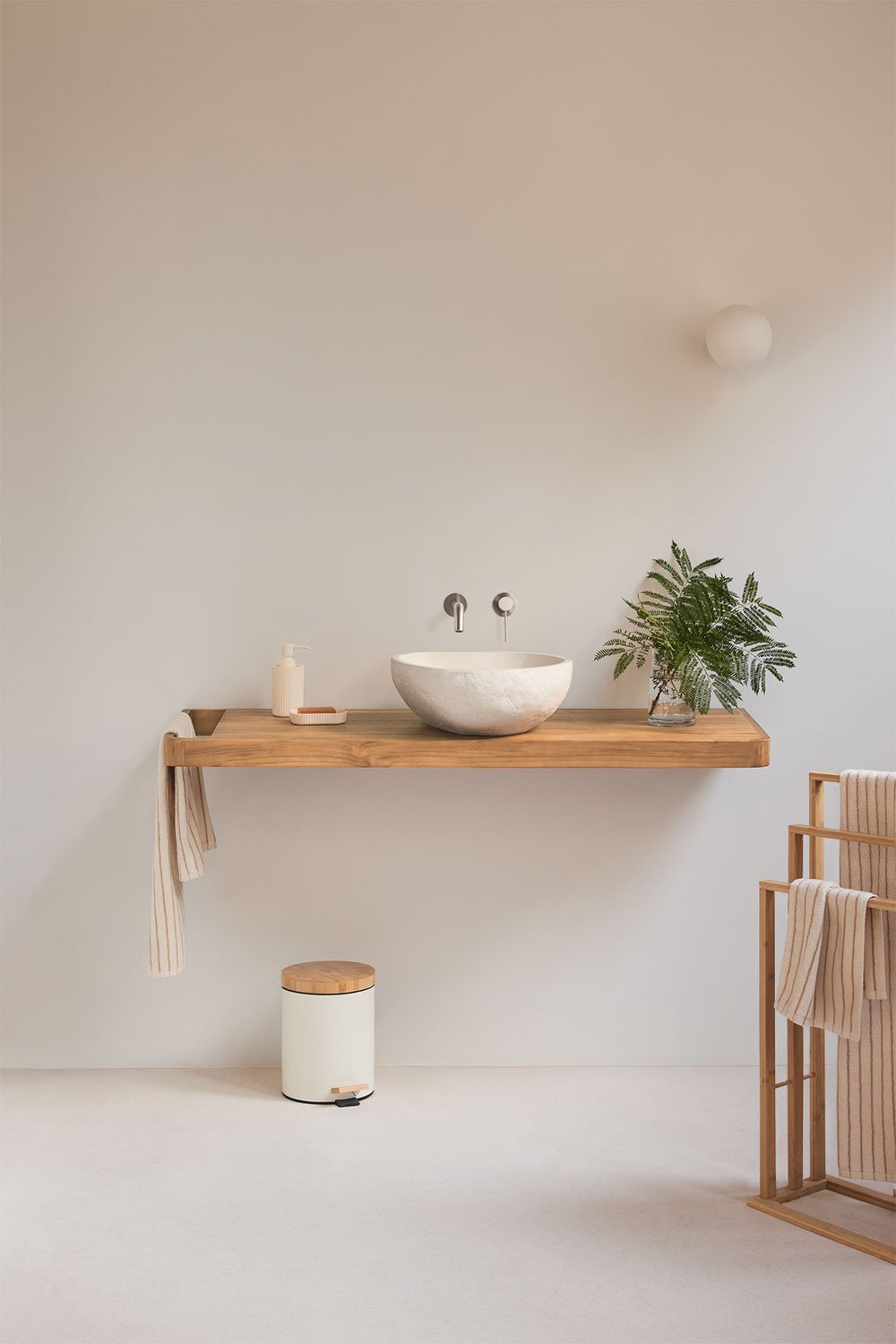 Suspended bathroom furniture set 130x45 cm in teak wood Neill, gallery image 1