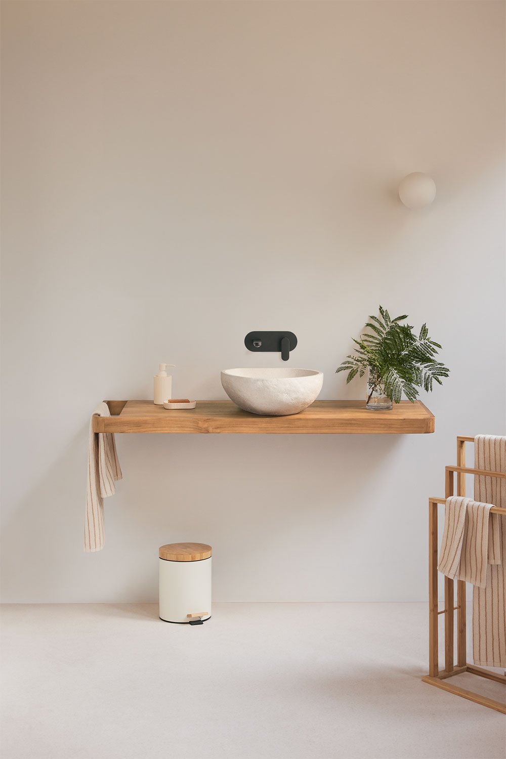 Suspended bathroom furniture set 130x45 cm in teak wood Neill, gallery image 1