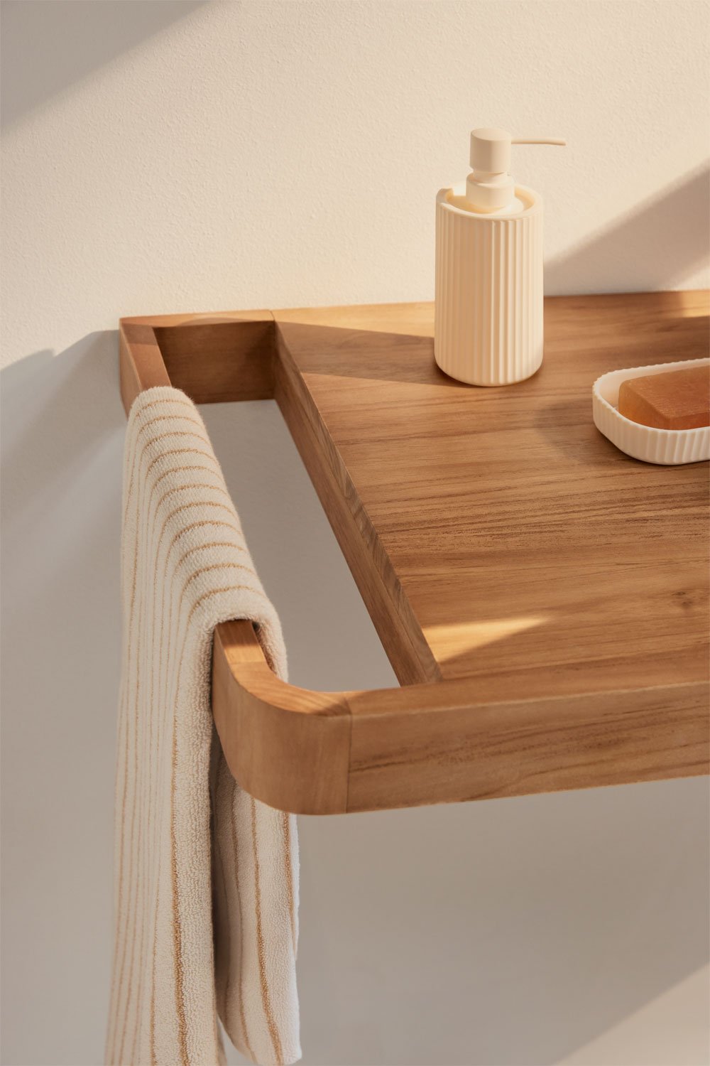 Suspended bathroom furniture set 130x45 cm in teak wood Neill, gallery image 2