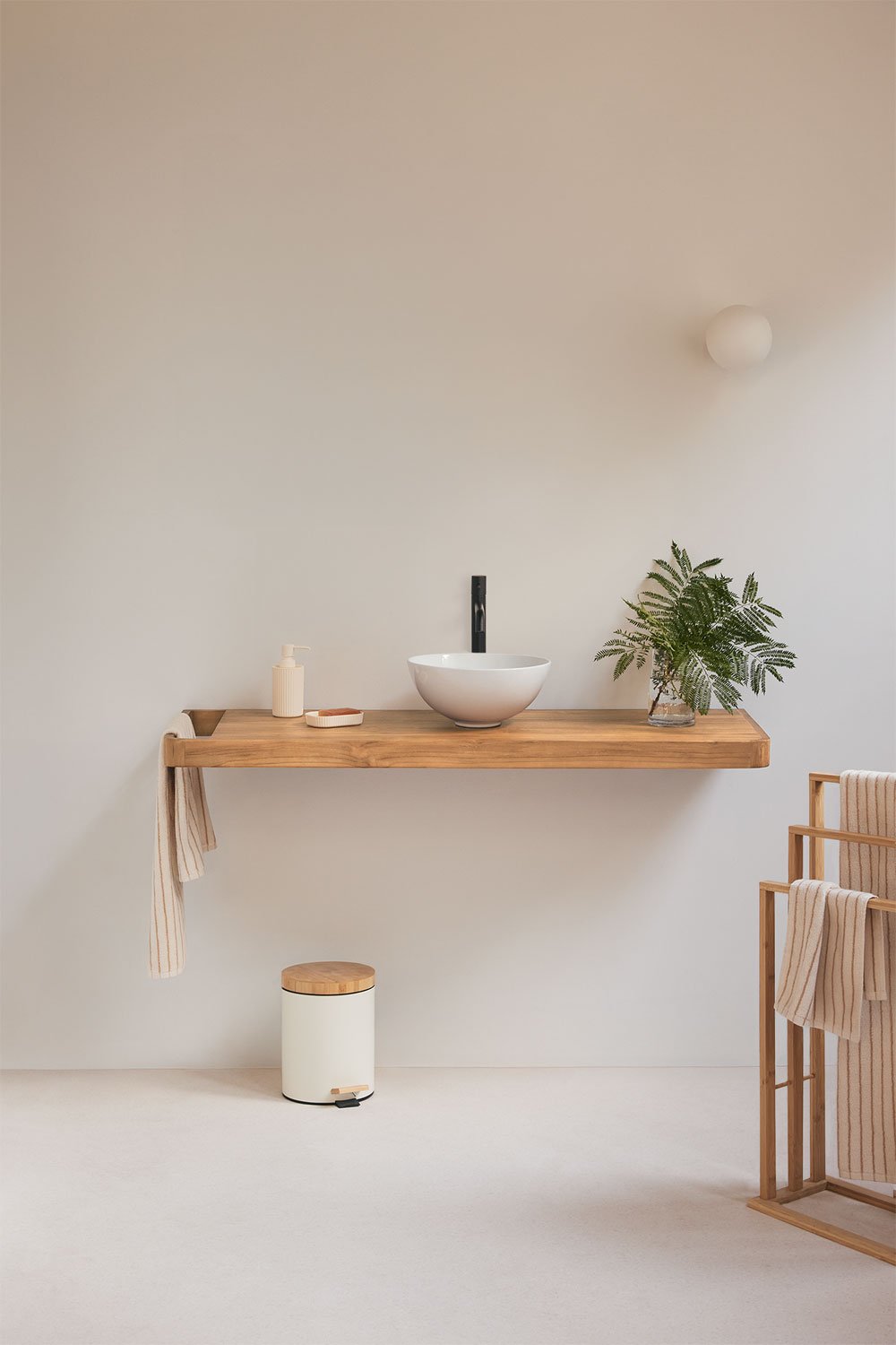 Suspended bathroom furniture set 130x45 cm in teak wood Neill, gallery image 1