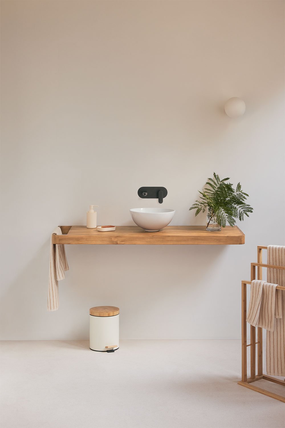 Suspended bathroom furniture set 130x45 cm in teak wood Neill, gallery image 1