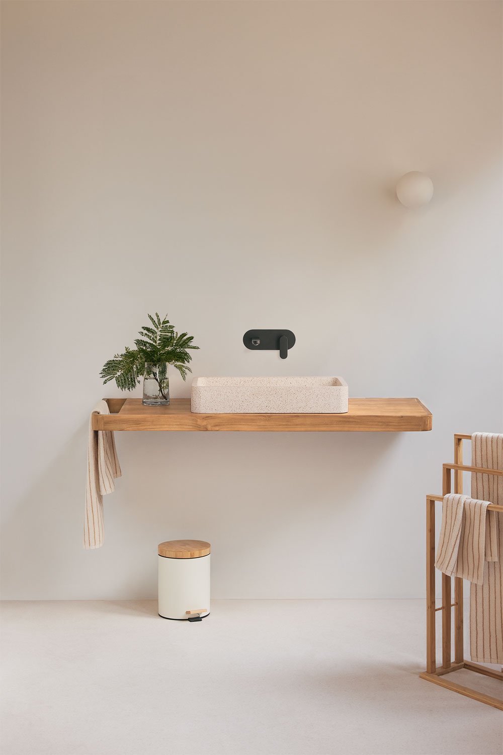 Suspended bathroom furniture set 130x45 cm in teak wood Neill, gallery image 1