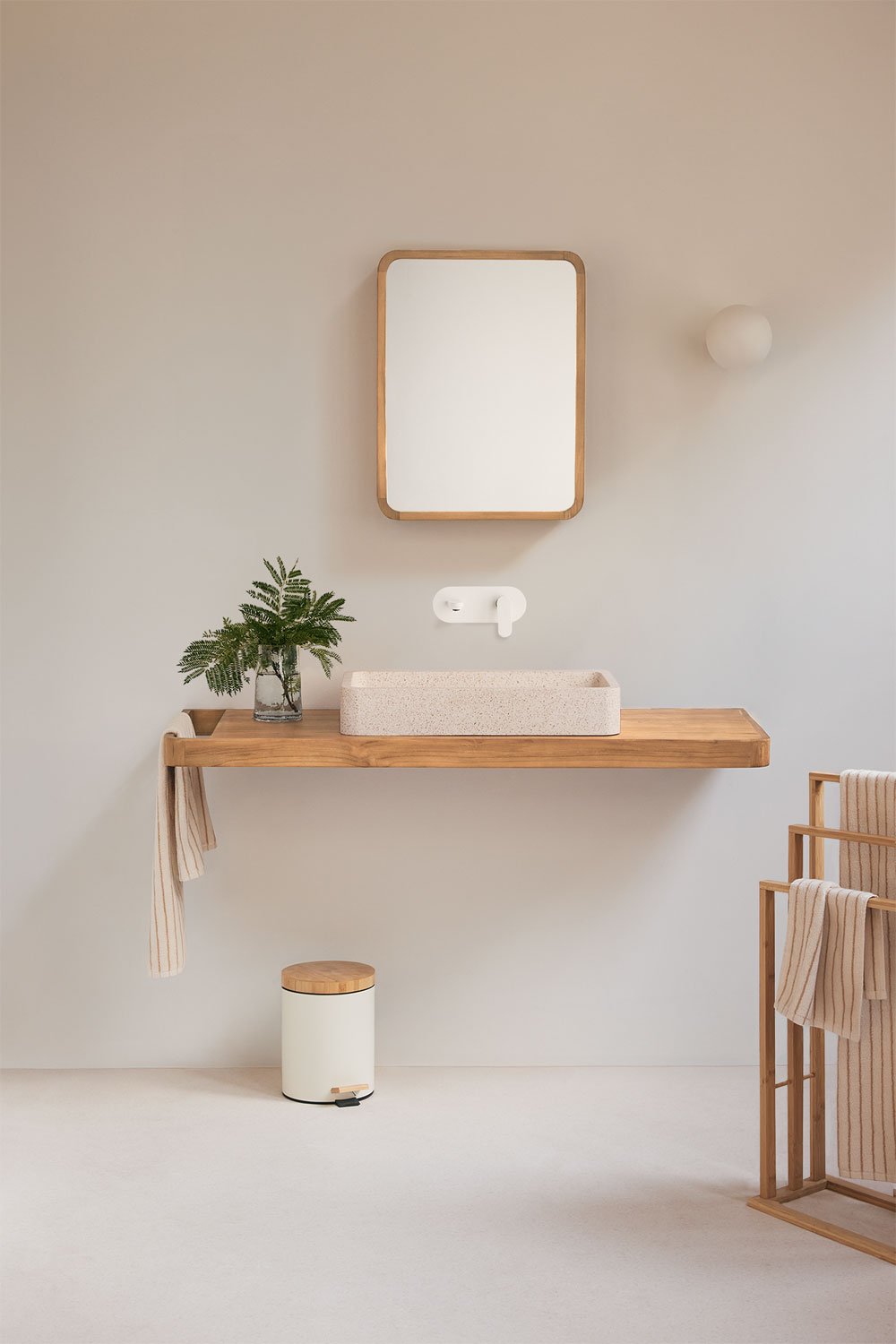 Suspended bathroom furniture set 130x45 cm in teak wood Neill, gallery image 1