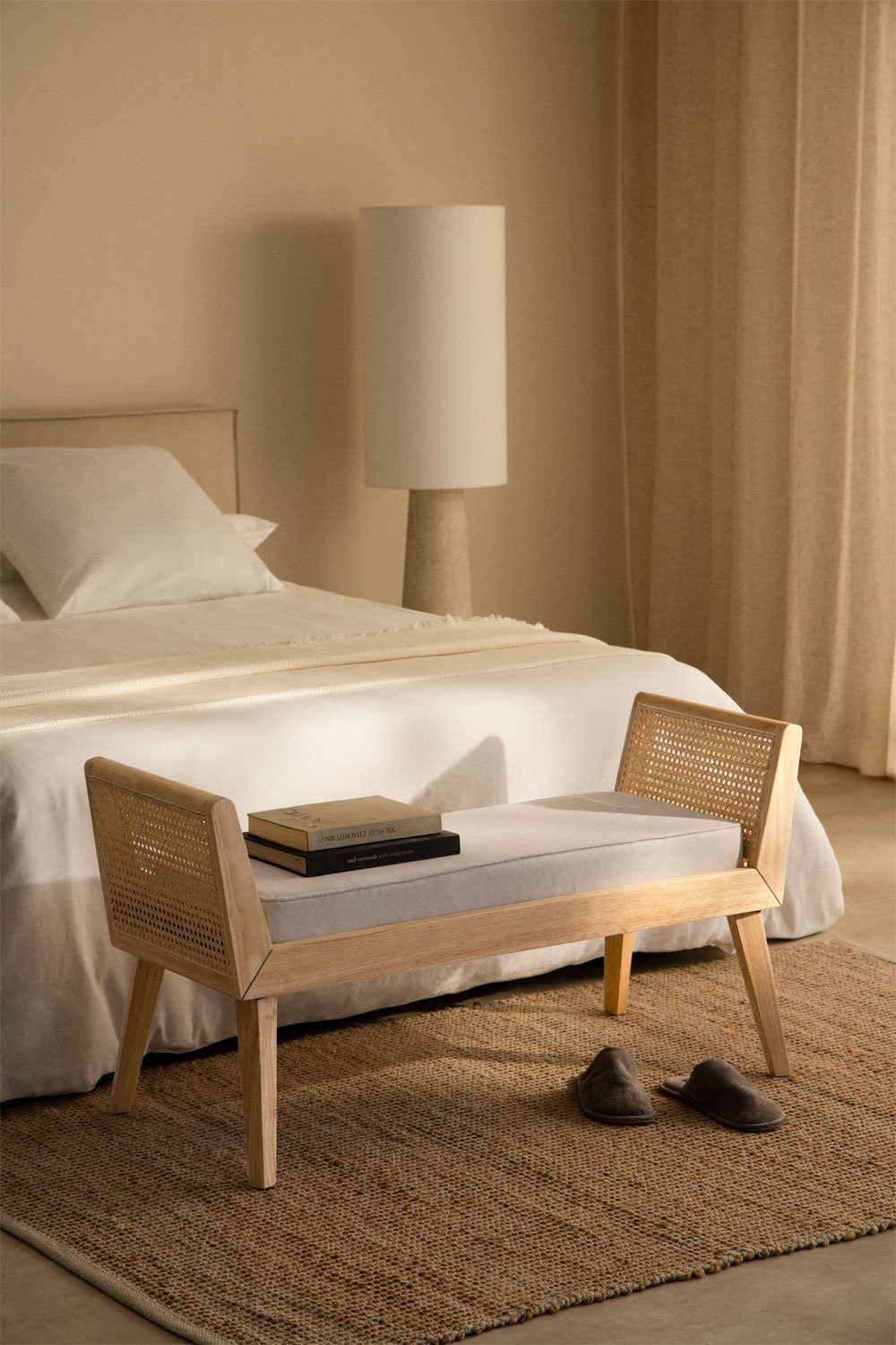 Icon rubberwood and rattan bench, gallery image 1