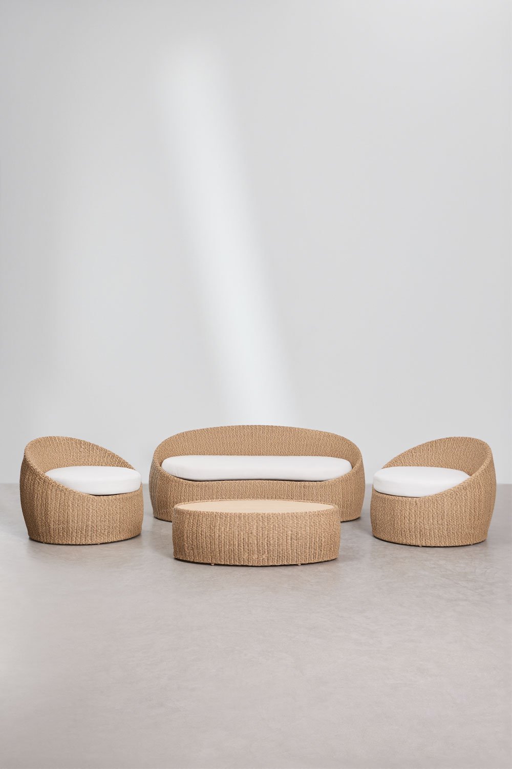 Garden set with 3-seater sofa, 2 armchairs, and coffee table in acacia wood and Clarnyx rattan, gallery image 1