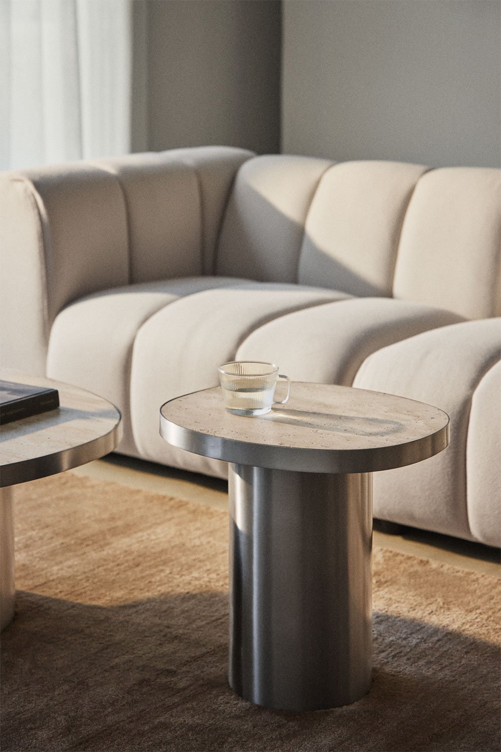 Fertrix side table in travertine and stainless steel, gallery image 1