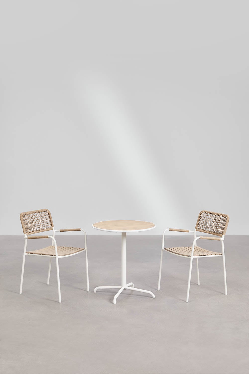 Round garden table set Ø65 cm and 2 stackable garden chairs in steel and acacia wood Tilda, gallery image 4