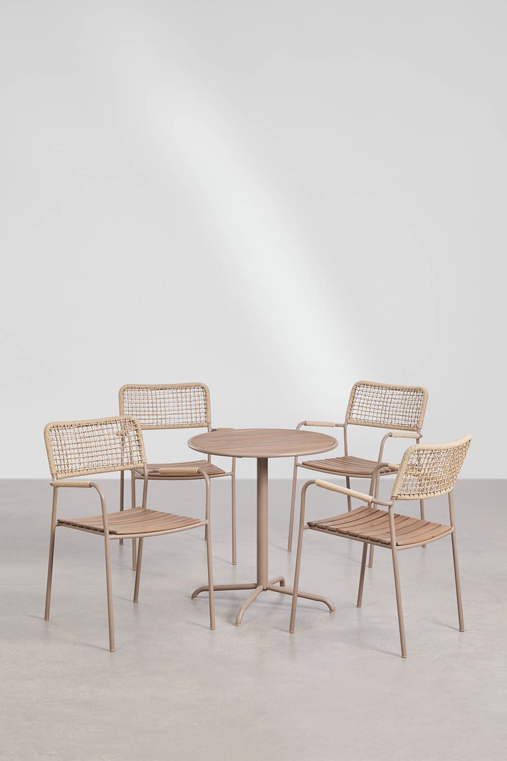 Round garden table set Ø65 cm and 4 stackable garden chairs in steel and acacia wood Tilda, gallery image 1