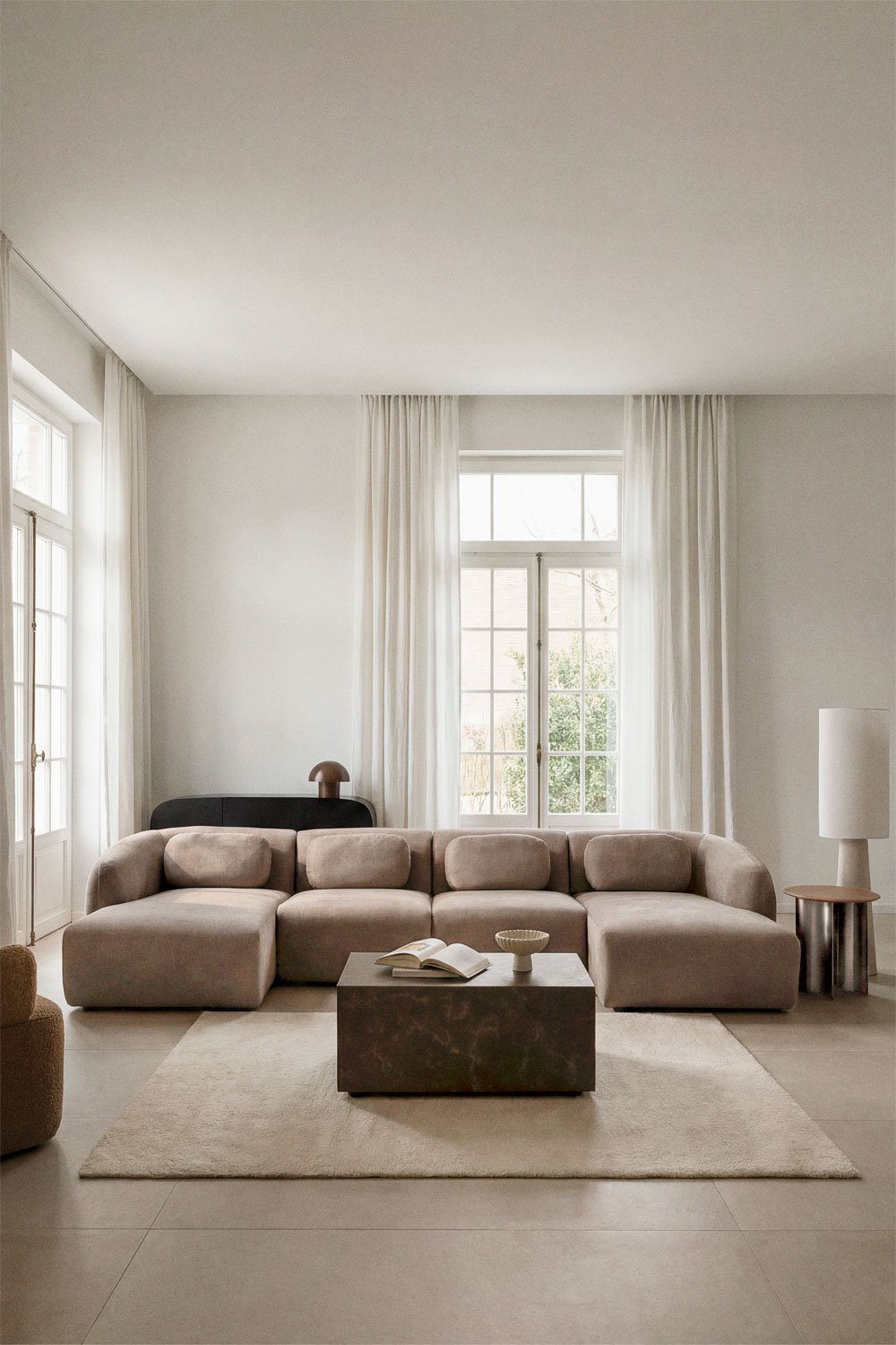 Modular sofa with double chaise longue, 4 pieces, in Coquette chenille, gallery image 1