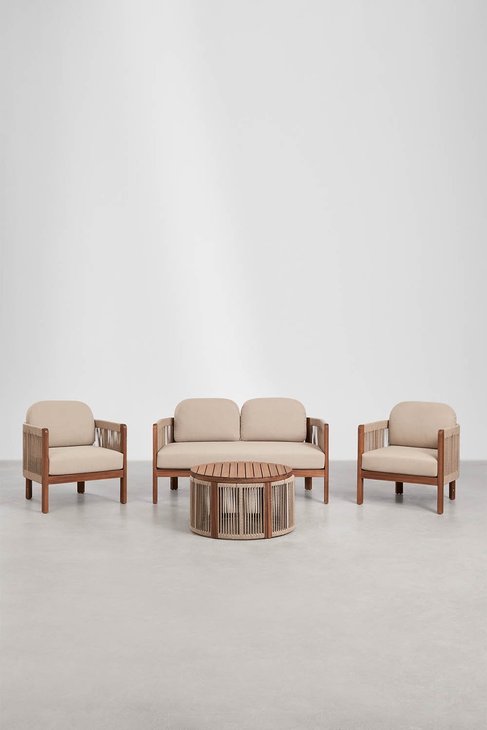 Serel garden set with 2-seater sofa, 2 armchairs and coffee table in acacia wood, gallery image 1