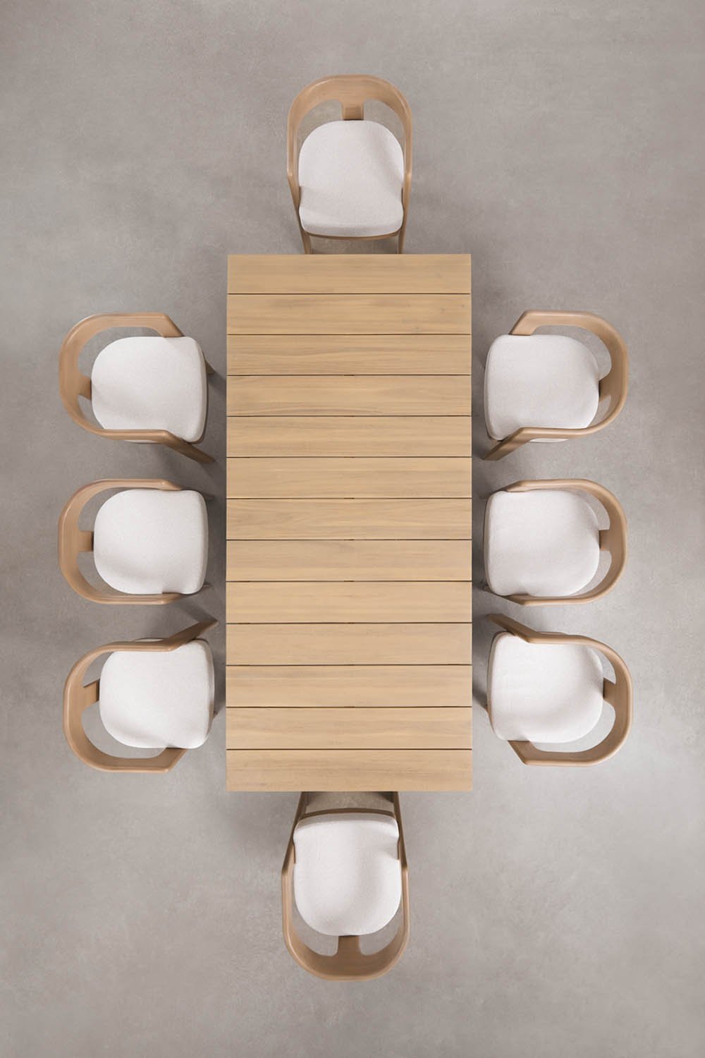 Rectangular 220x100 cm dining table set in Mirelen acacia wood and 8 garden chairs in acacia wood and Kandroa bouclé fabric, gallery image 2