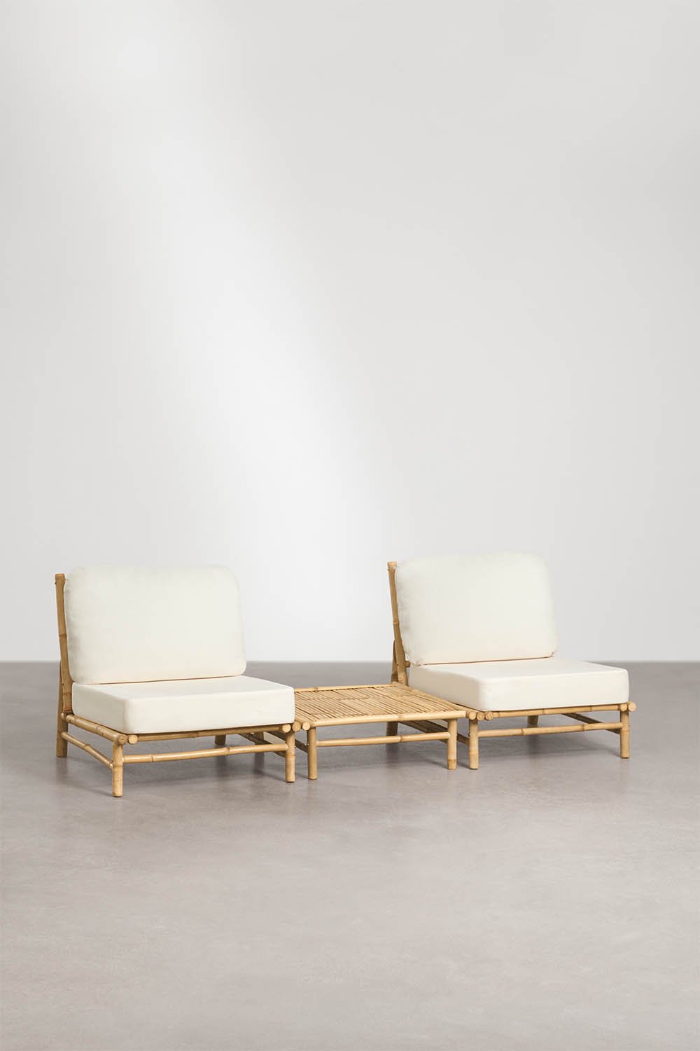 Isendra bamboo garden set with 2 armchairs and 75x75 cm square coffee table, gallery image 1