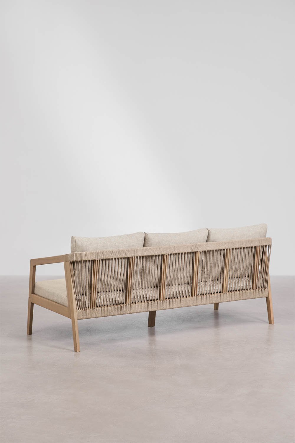 Garden set with 3-seater sofa, 2 armchairs, and coffee table in acacia wood and braided Kaela rope, gallery image 5