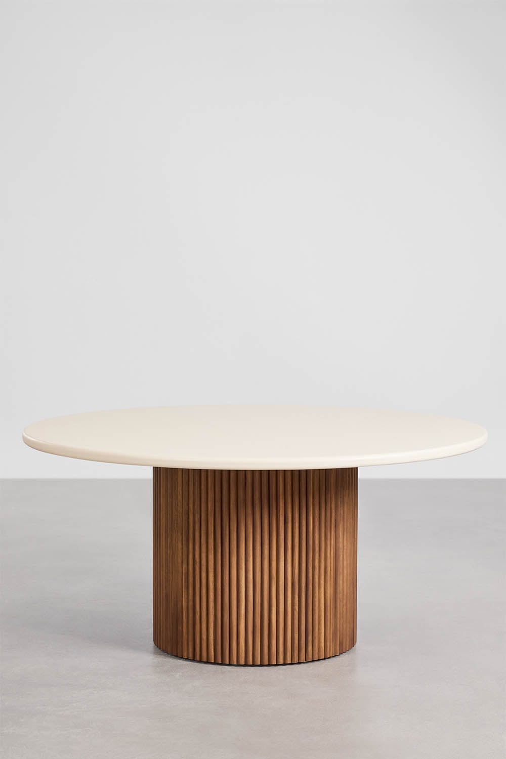 Sirvon round dining table in cement and acacia wood, gallery image 1