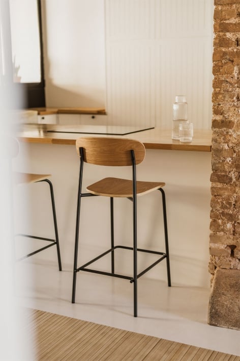 High Stool 65cm in black finish iron, wheat brown faux leather and wood Wilpier