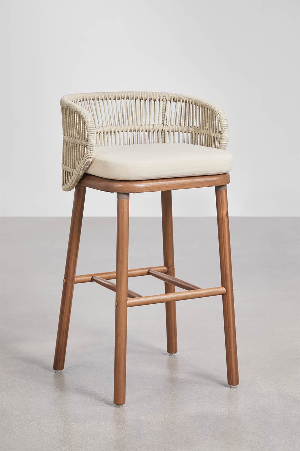 Capri high garden stool in acacia wood and braided rope, gallery image 3