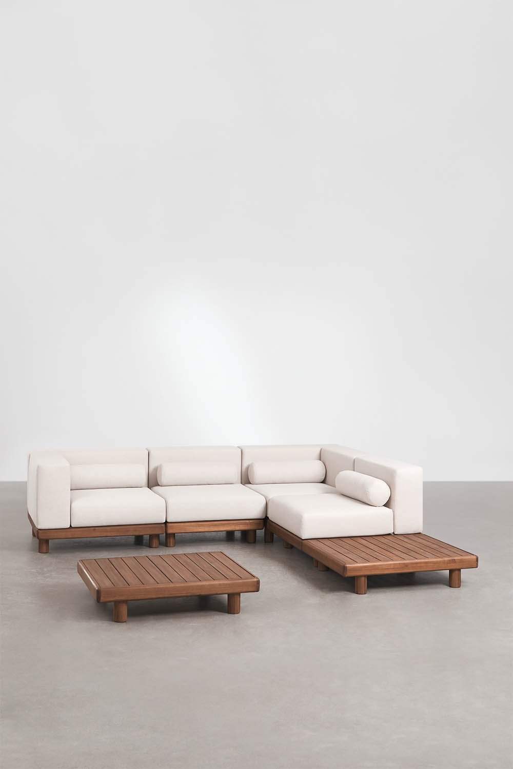 4-piece garden set with 4-piece modular corner sofa including 2 corner modules and 2 acacia Edrien coffee tables, gallery image 1