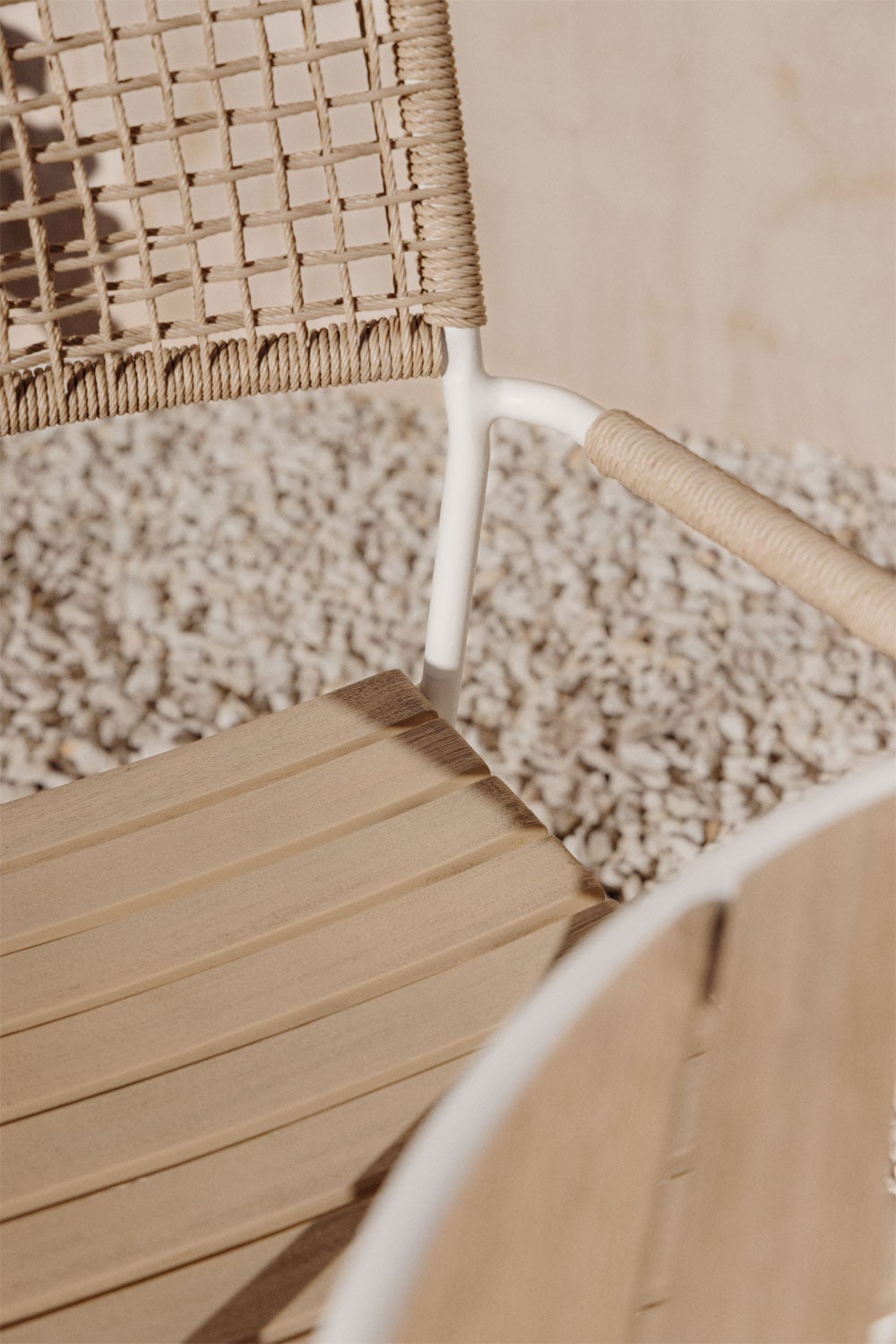 Round garden table set Ø65 cm and 2 stackable garden chairs in steel and acacia wood Tilda, gallery image 3