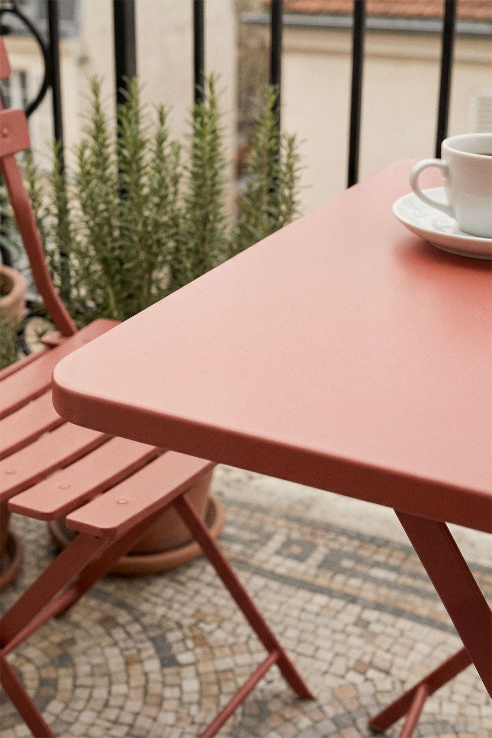 Square folding 60x60 cm table set with 2 garden chairs in Tamarit steel, gallery image 2