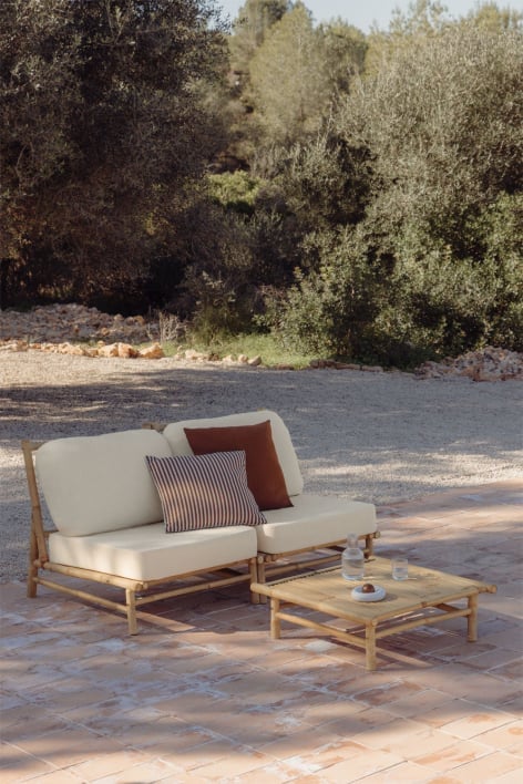 2-piece modular sofa garden set with 75x75 cm square coffee table in Isendra bamboo