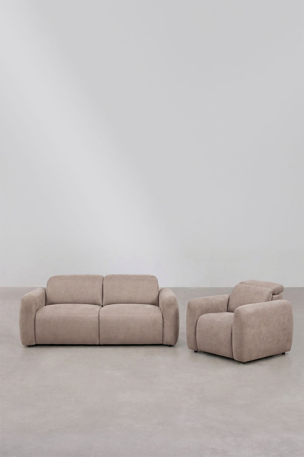 Living room set with 2-seater electric reclining sofa and Peggy upholstered armchair, gallery image 1