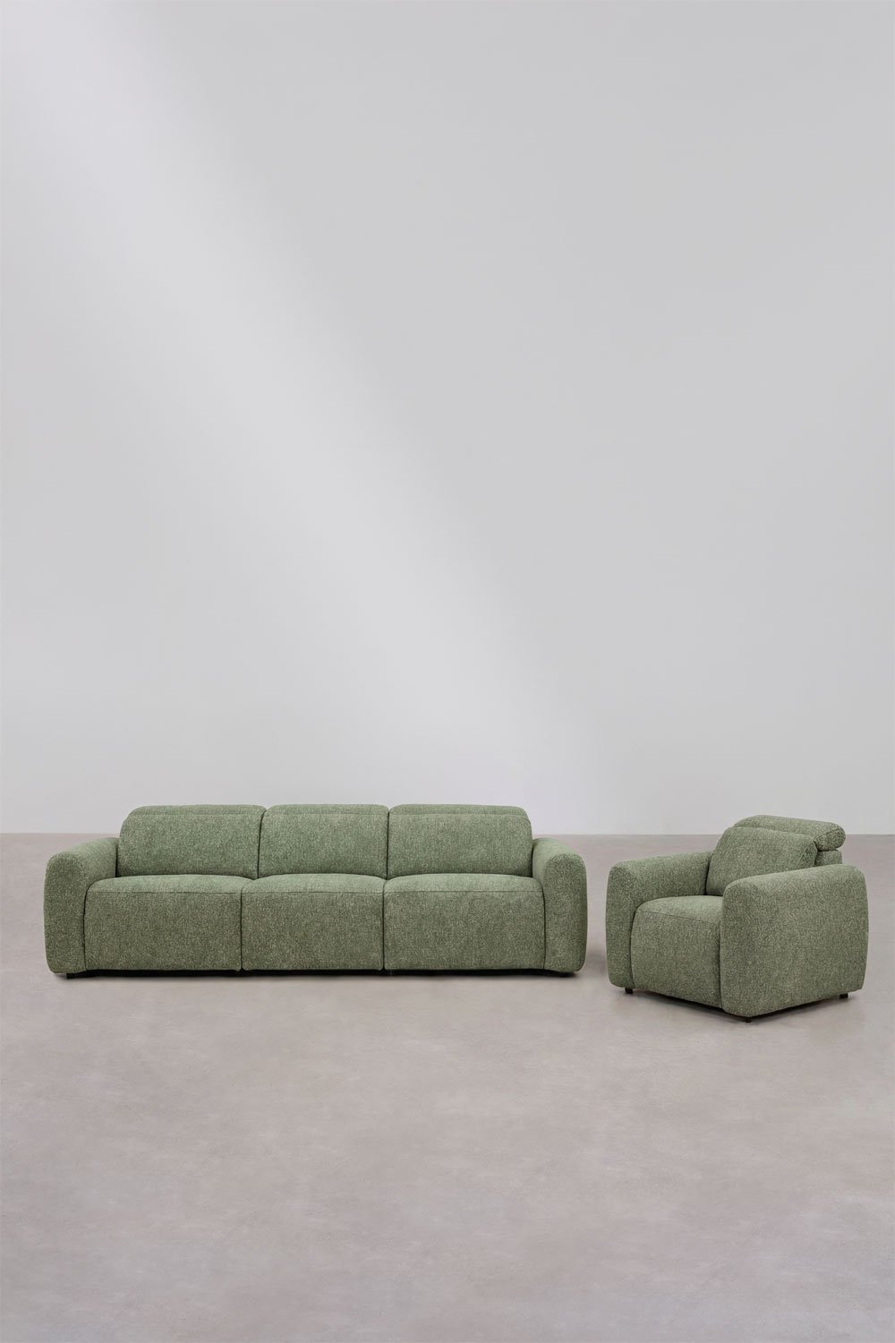 Living room set with 3-seater electric reclining sofa and upholstered Peggy armchair, gallery image 1