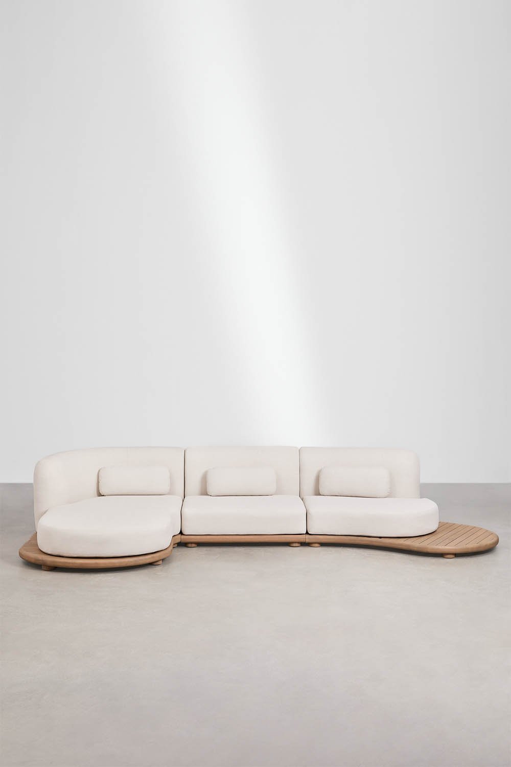 Left modular 3-piece garden chaise lounge sofa in acacia wood Gerard, gallery image 3