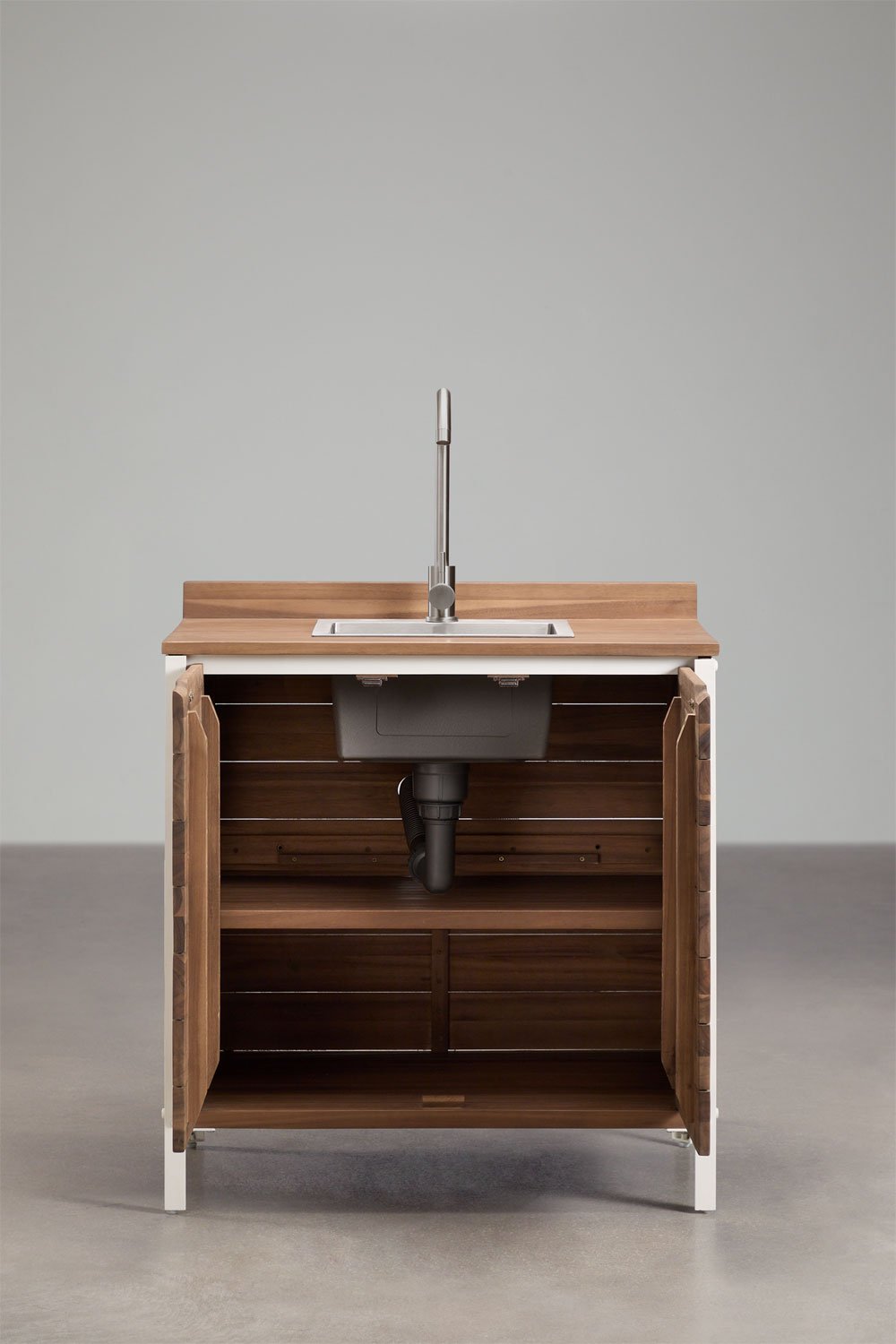 Outdoor kitchen storage module with sink in acacia wood and aluminum Reggie, gallery image 5