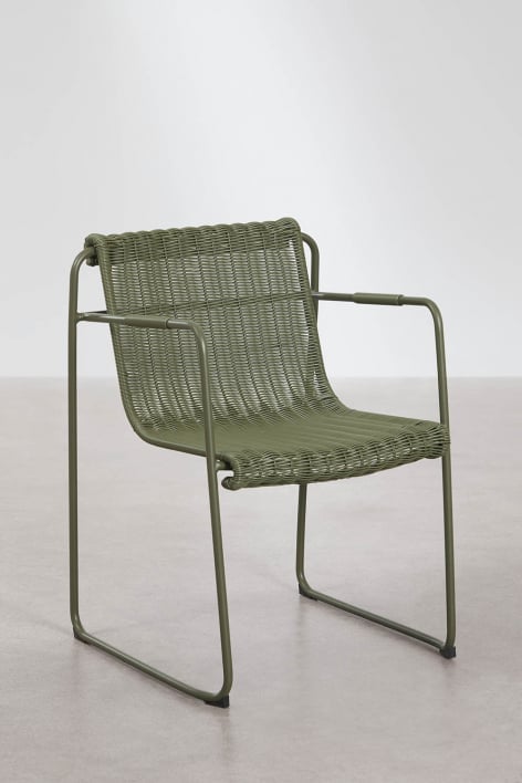 Stackable dining chair with armrests in synthetic wicker and steel Revia