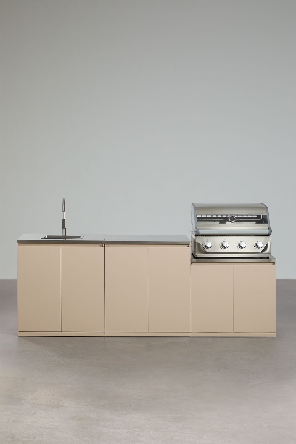 3-piece outdoor modular kitchen with sink and 4-burner Rivana stainless steel gas barbecue, gallery image 1