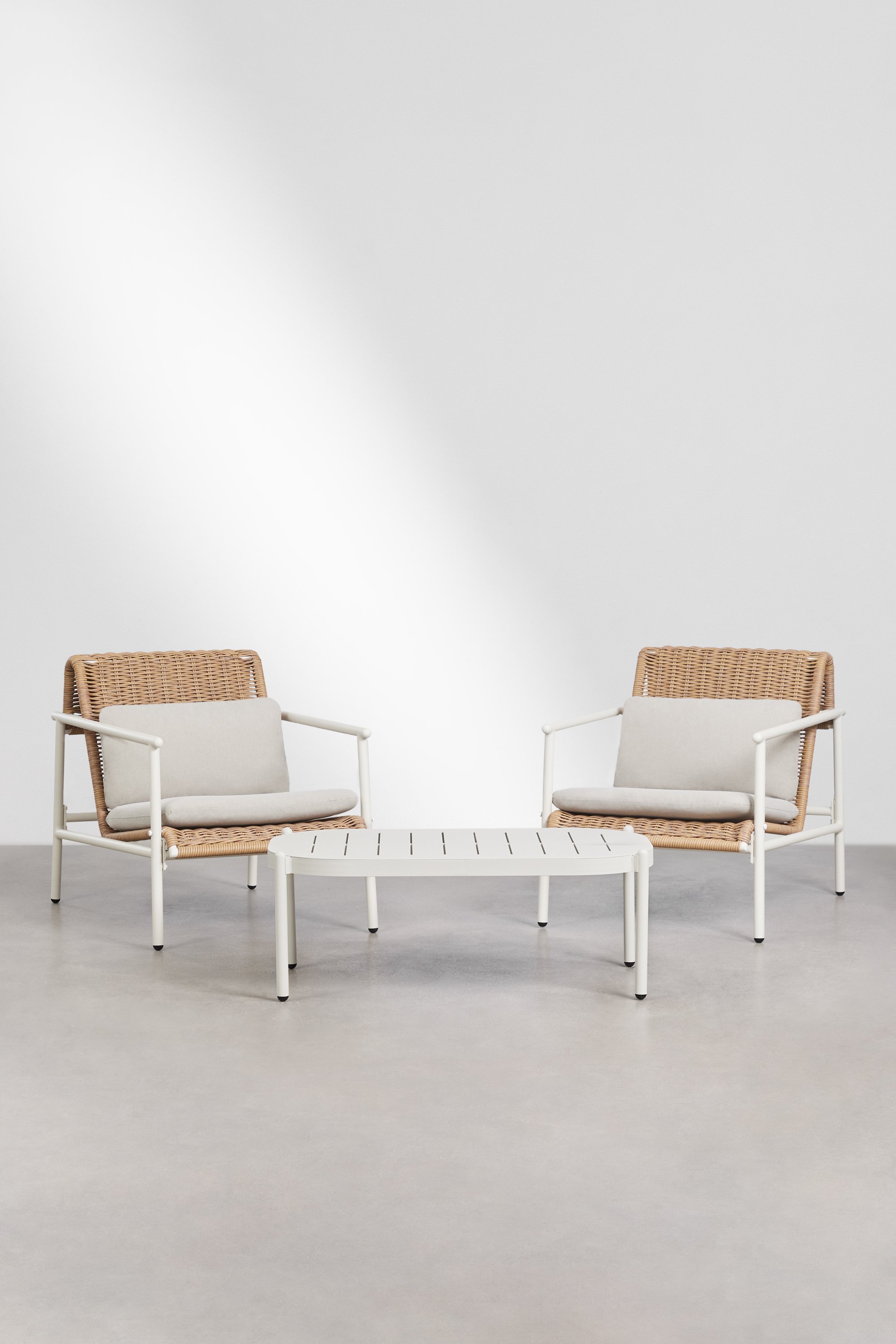 Duroli synthetic rattan and aluminum garden set with 2 armchairs and coffee table, gallery image 1