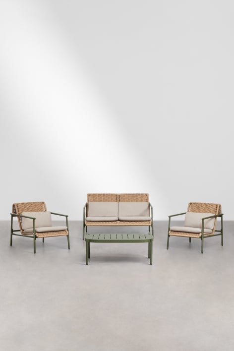 Garden set with 2-seater sofa, 2 armchairs, and coffee table in aluminum and synthetic rattan Duroli