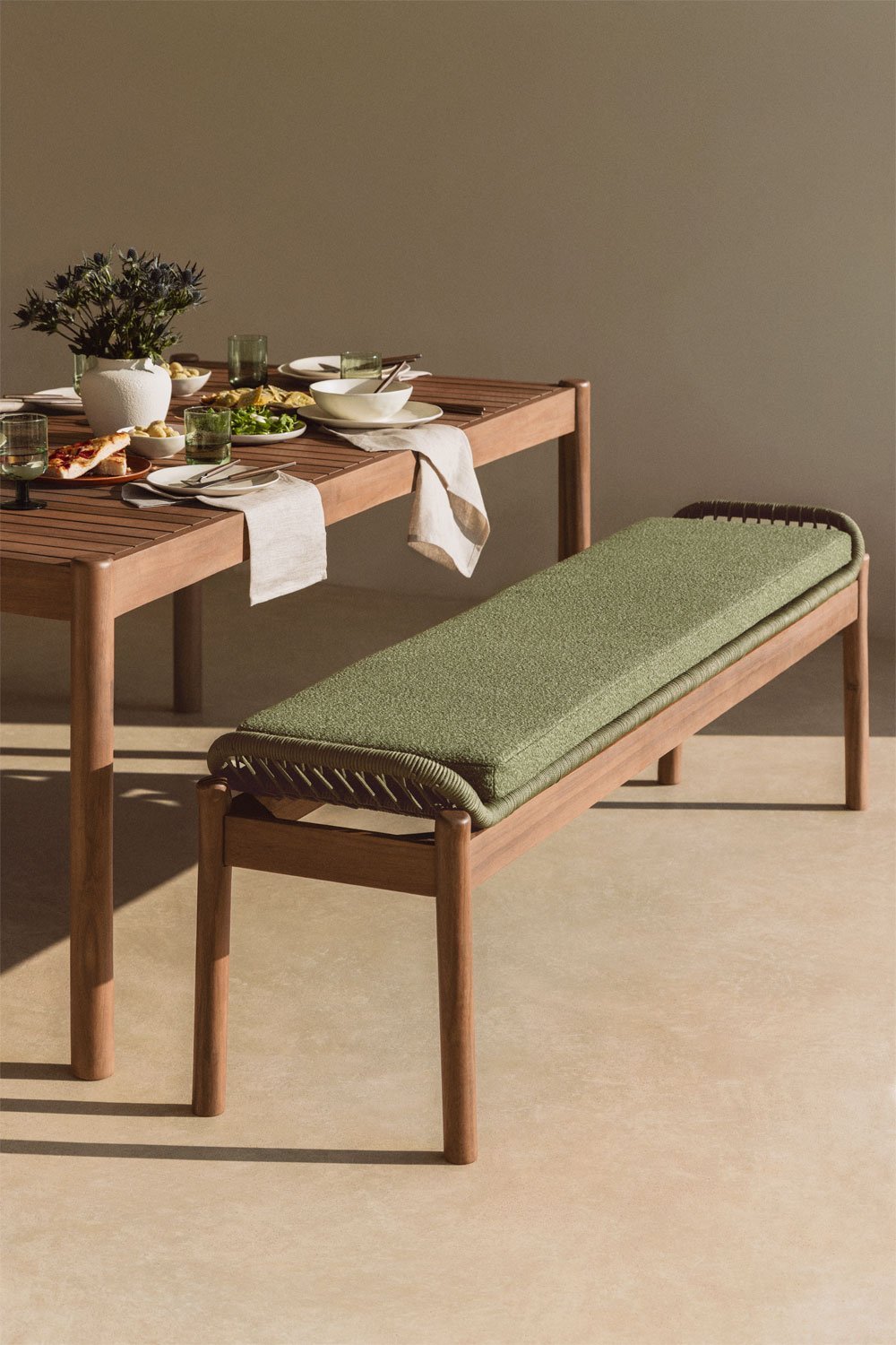 Karvia 180 cm garden bench in acacia wood and braided rope, gallery image 1