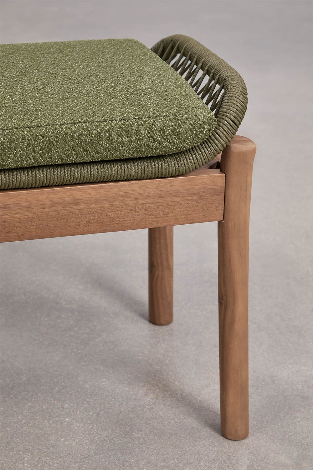 180 cm acacia wood and braided rope bench in sage green bouclé Karvia, gallery image 4