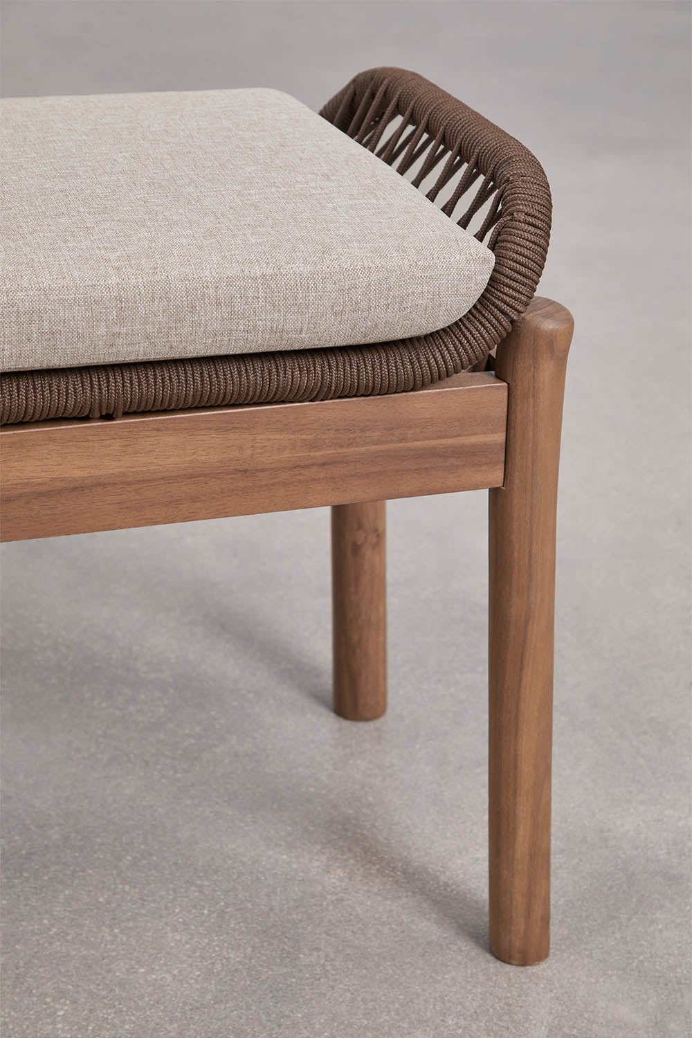180 cm acacia wood and braided rope bench in hazelnut brown fabric Karvia, gallery image 4