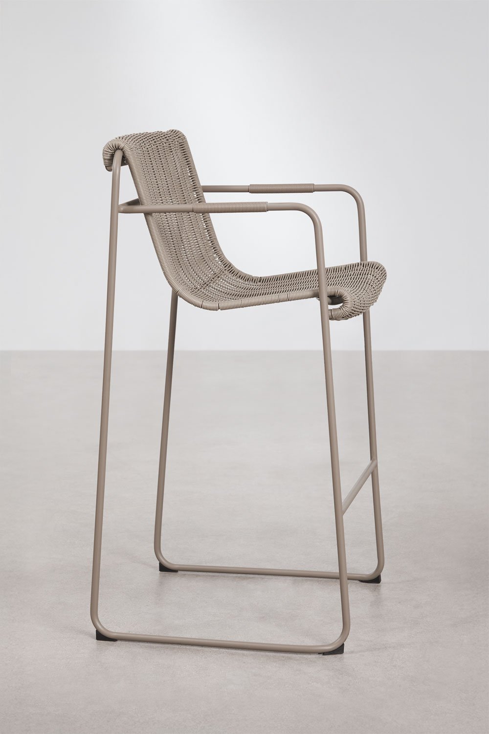 Stackable high garden stool with armrests in synthetic rattan and steel Revia, gallery image 2