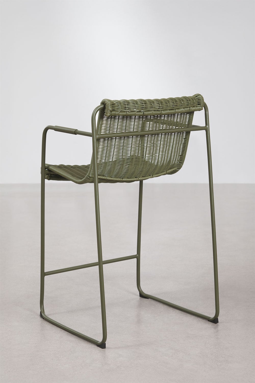 Stackable high garden stool with armrests in synthetic rattan and steel Revia, gallery image 3