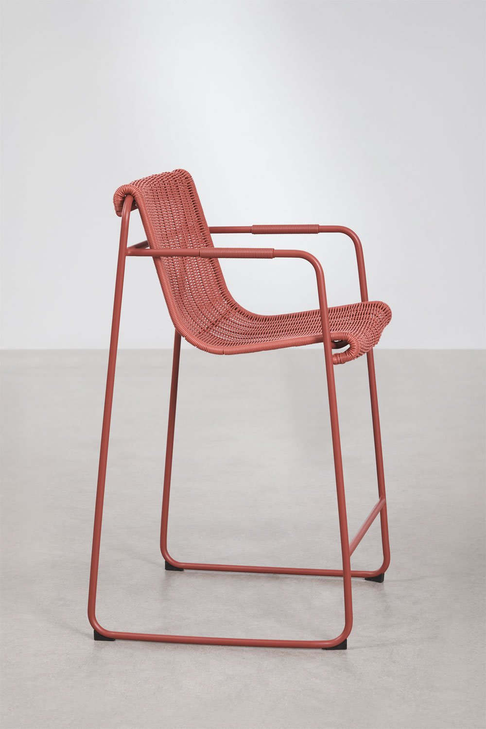 Stackable high garden stool with armrests in synthetic rattan and steel Revia, gallery image 2