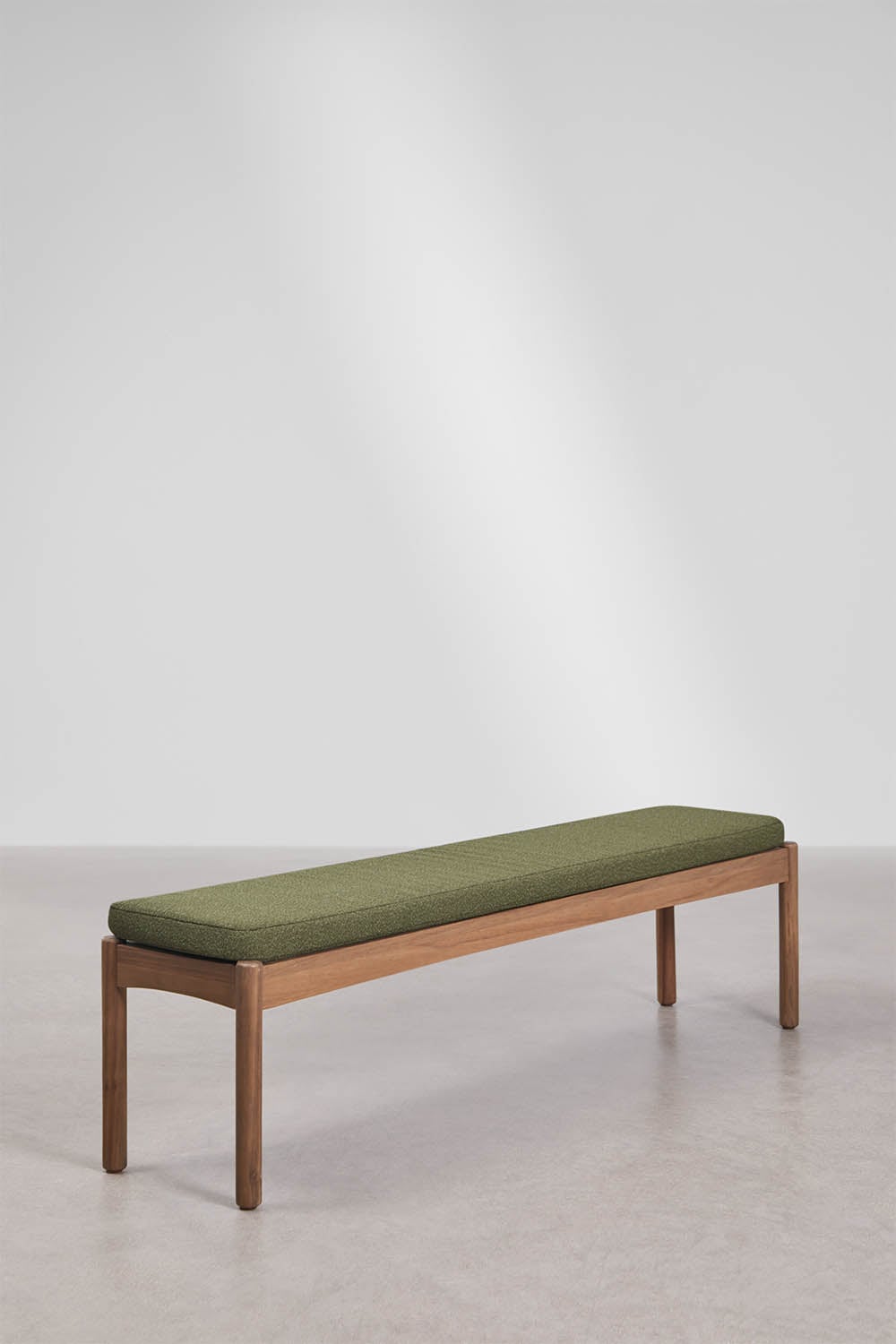 Bench 180 cm in acacia wood and sage green bouclé Karvia, gallery image 1