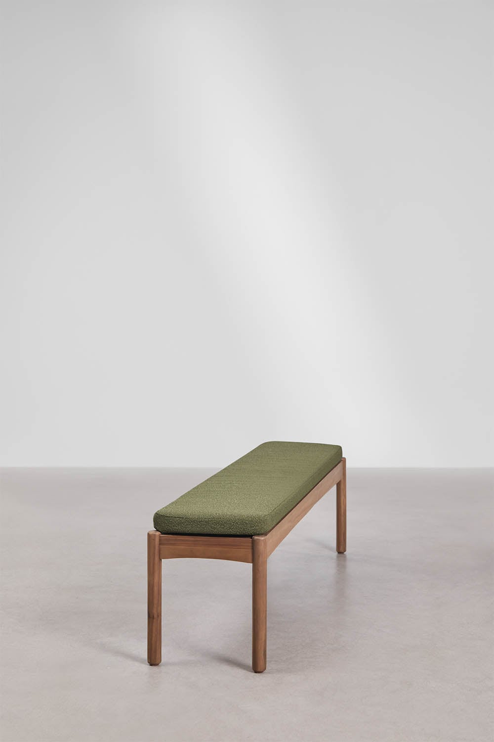 Bench 180 cm in acacia wood and sage green bouclé Karvia, gallery image 2