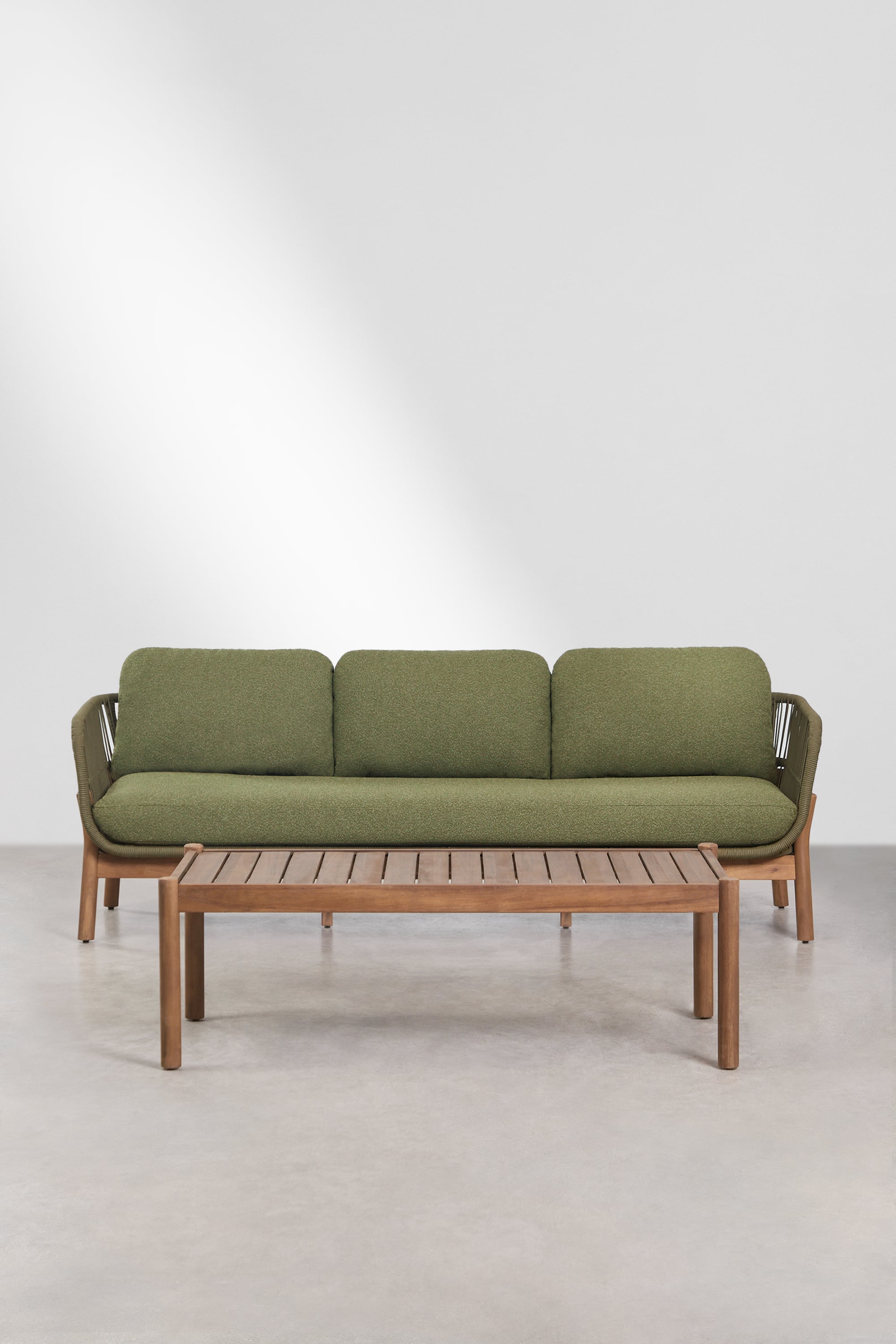 Garden set with 3-seater sofa and 120x60 cm rectangular coffee table in acacia wood and braided Karvia rope, gallery image 1