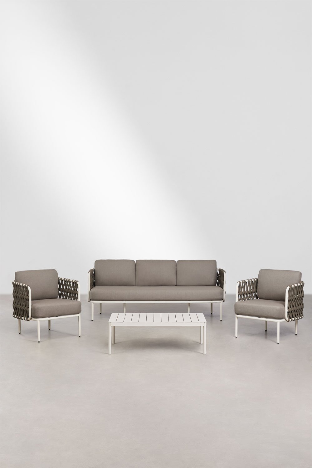 Garden set with 3-seater sofa, 2 armchairs in Tevary braided rope, and Boleni aluminum coffee table, gallery image 3