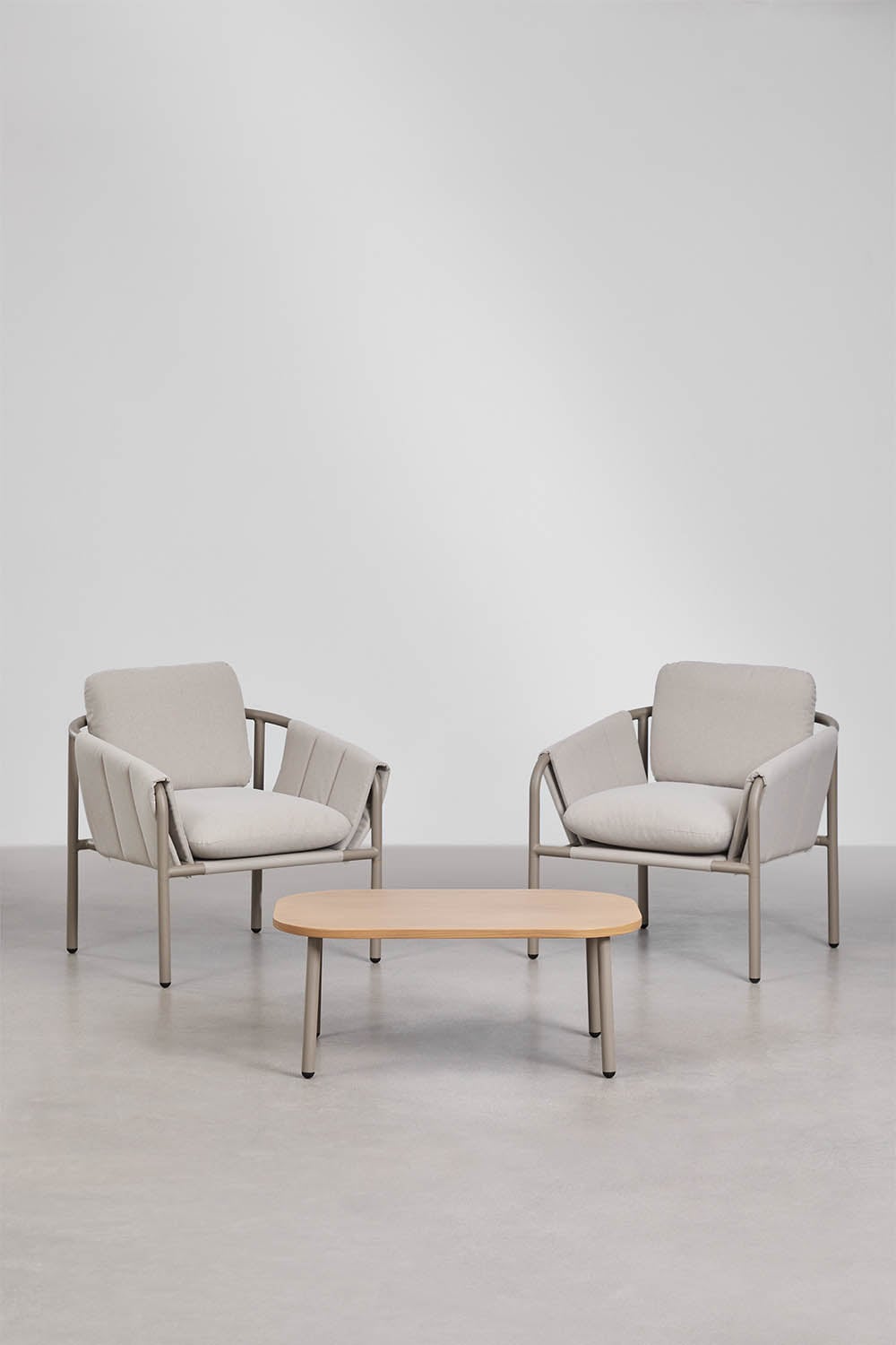 Zunika steel garden set with 2 upholstered armchairs and coffee table, gallery image 1