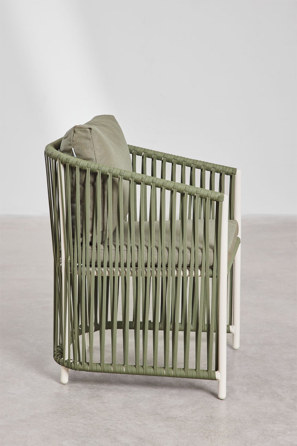 Oval 220x95 cm Noemi cement table set and 8 Sophie garden armchairs in aluminum and braided rope, gallery image 6