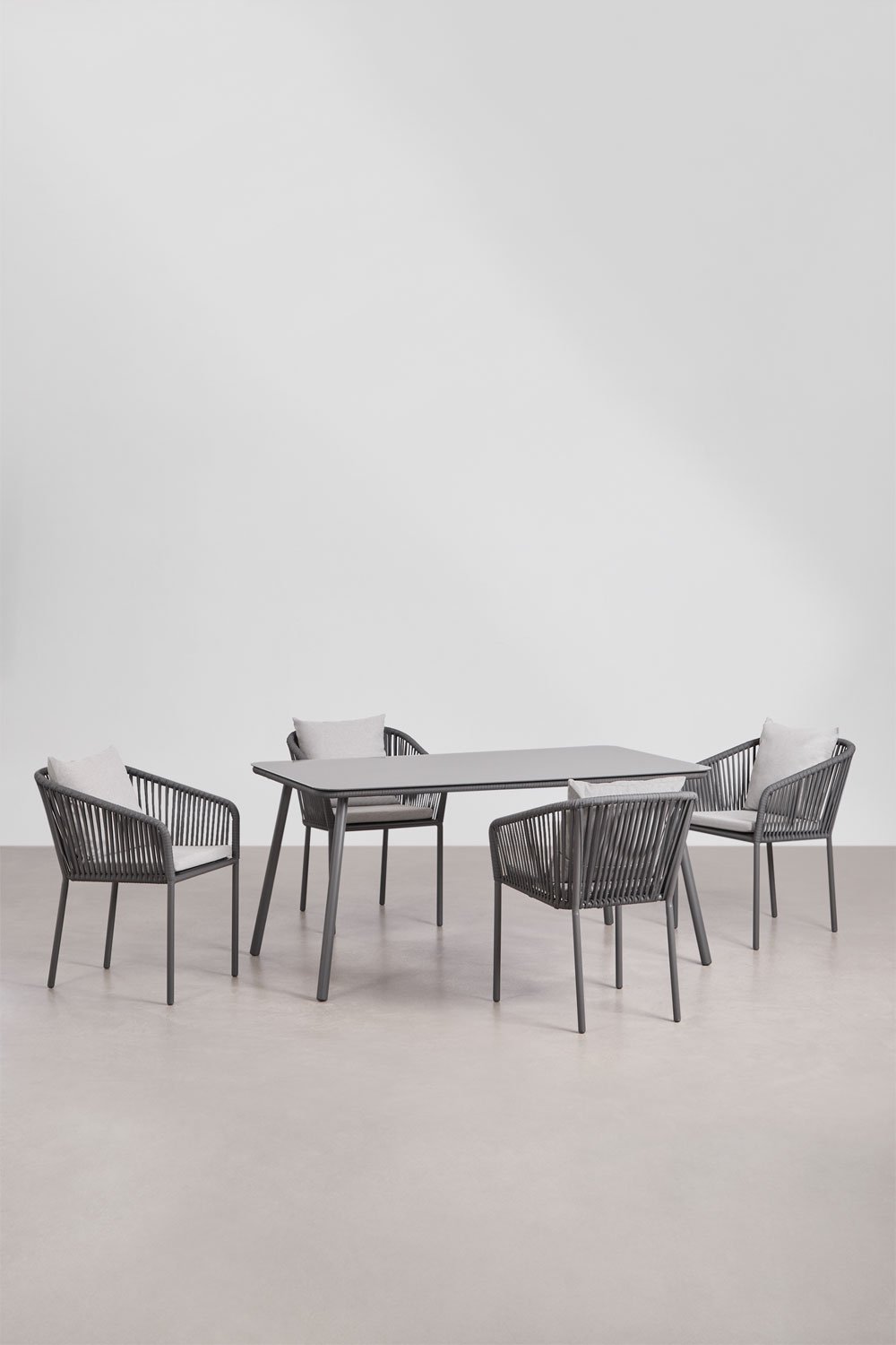 Rectangular dining table set 160x90 cm and 4 dining chairs in braided rope Arhiza Classic, gallery image 1