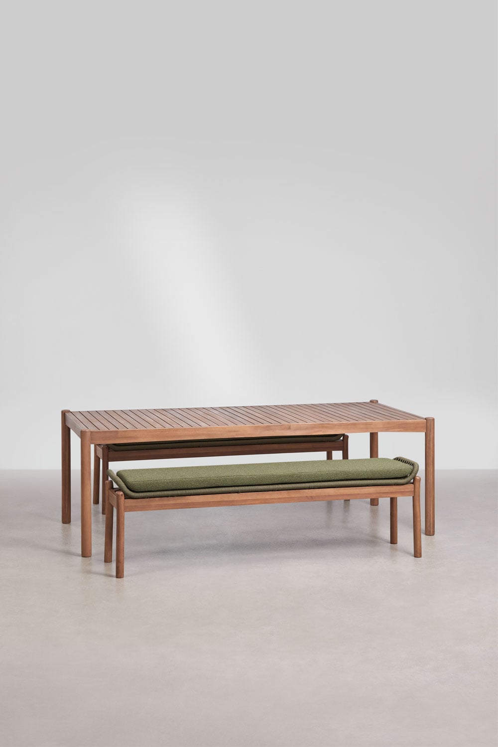 Rectangular table set 180x90 cm and 2 garden benches in acacia wood and braided rope Karvia, gallery image 3