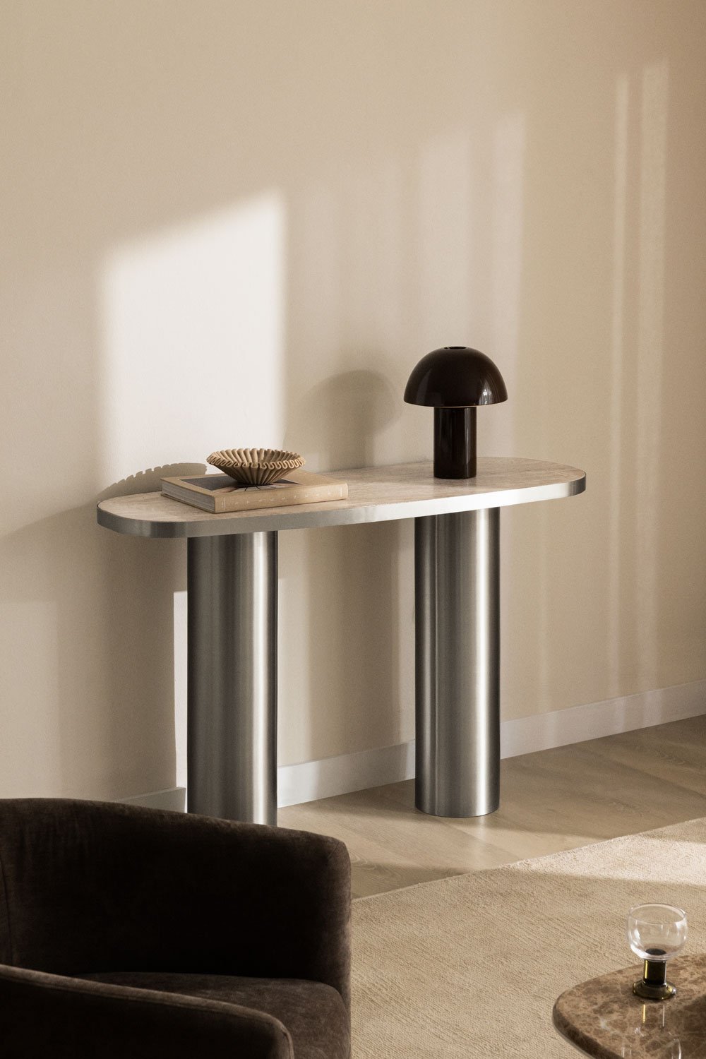Oval 120x40 cm hallway console table in natural stone and stainless steel Fertrix, gallery image 1