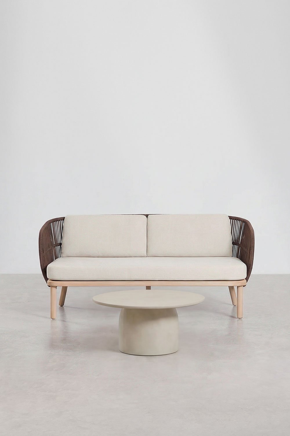 Living room set with 2-seater sofa in Capri braided rope and round Ø75 cm Layana cement coffee table, gallery image 1