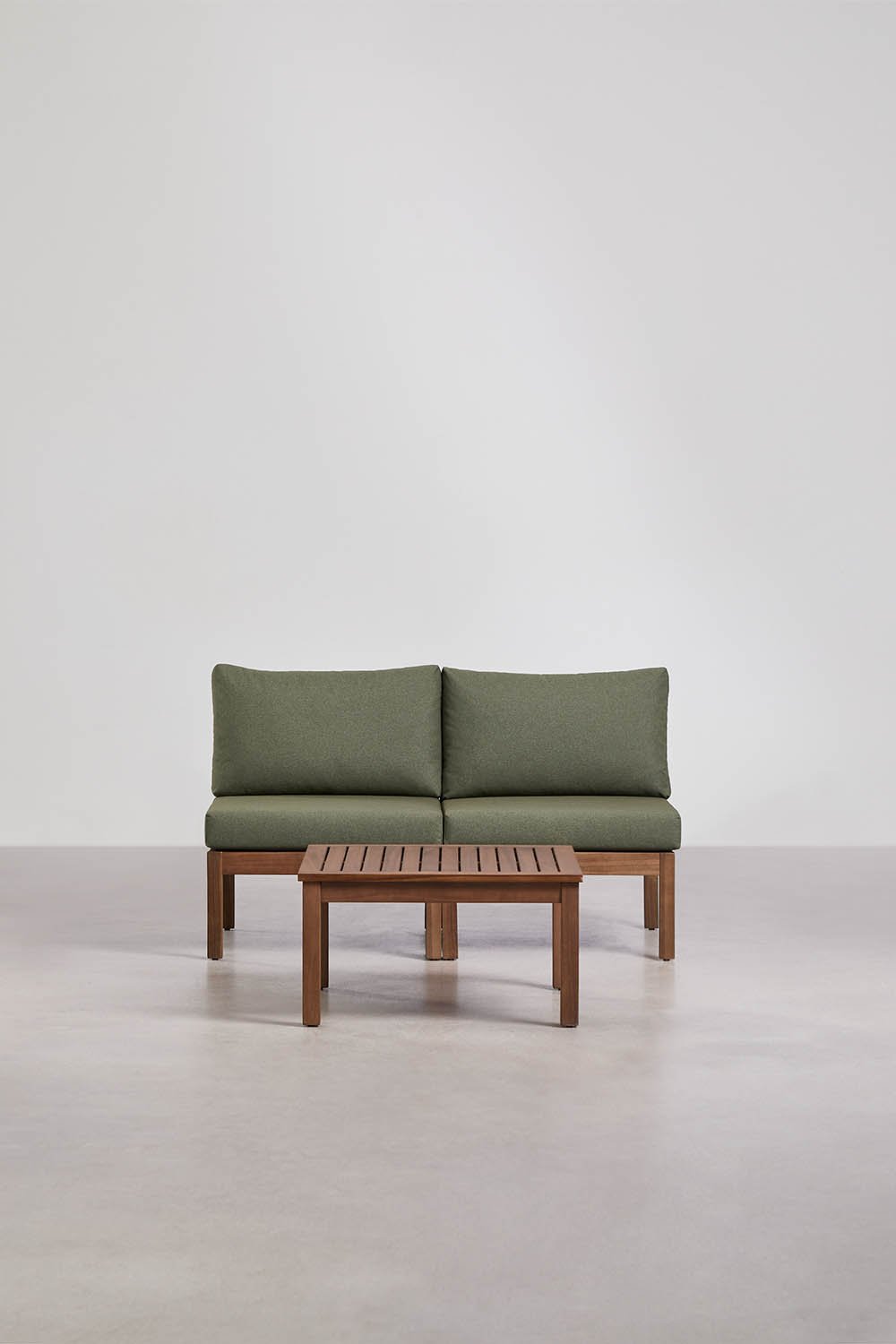 Living room set with 2-piece modular sofa and acacia wood Branson coffee table, gallery image 3