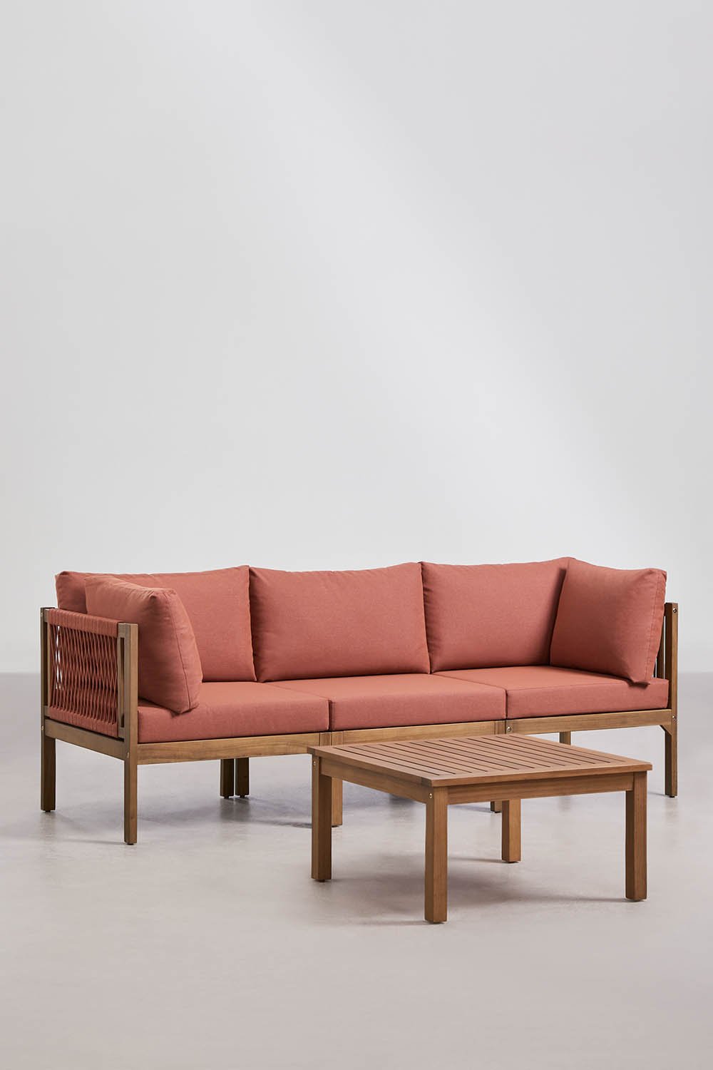 Living room set with 3-piece modular sofa with armrests and acacia wood Branson coffee table, gallery image 1